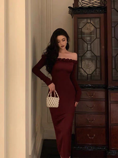 Classy Sheath Off The Shoulder Burgundy Long Sleeves Prom Dresses Birthday Outfits Evening Gown SD899