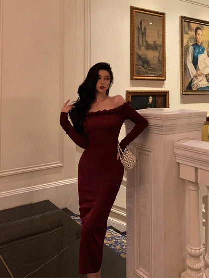 Classy Sheath Off The Shoulder Burgundy Long Sleeves Prom Dresses Birthday Outfits Evening Gown SD899