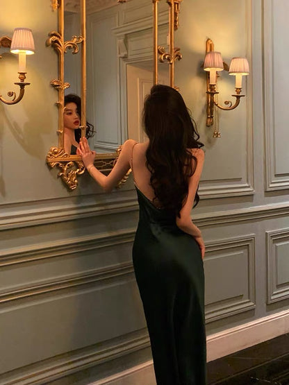 Classy Sheath Spaghetti Straps Dark Green Satin Prom Dresses Birthday Outfits Evening Gown SD902