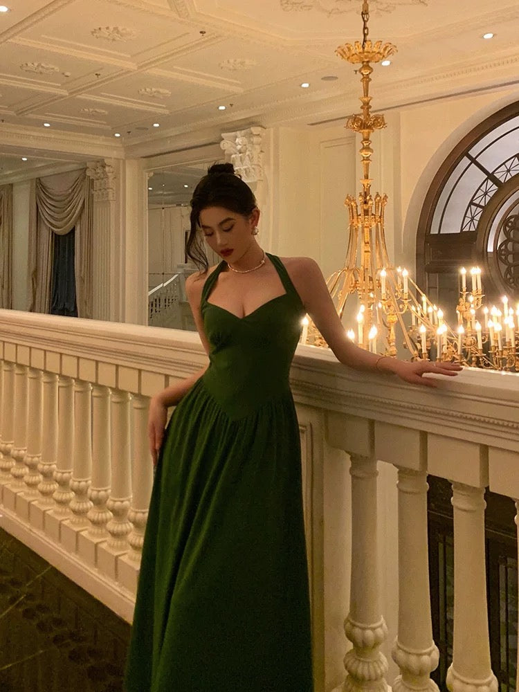 Classy A Line Halter Dark Green Prom Dresses Birthday Outfits Evening Gown SD903