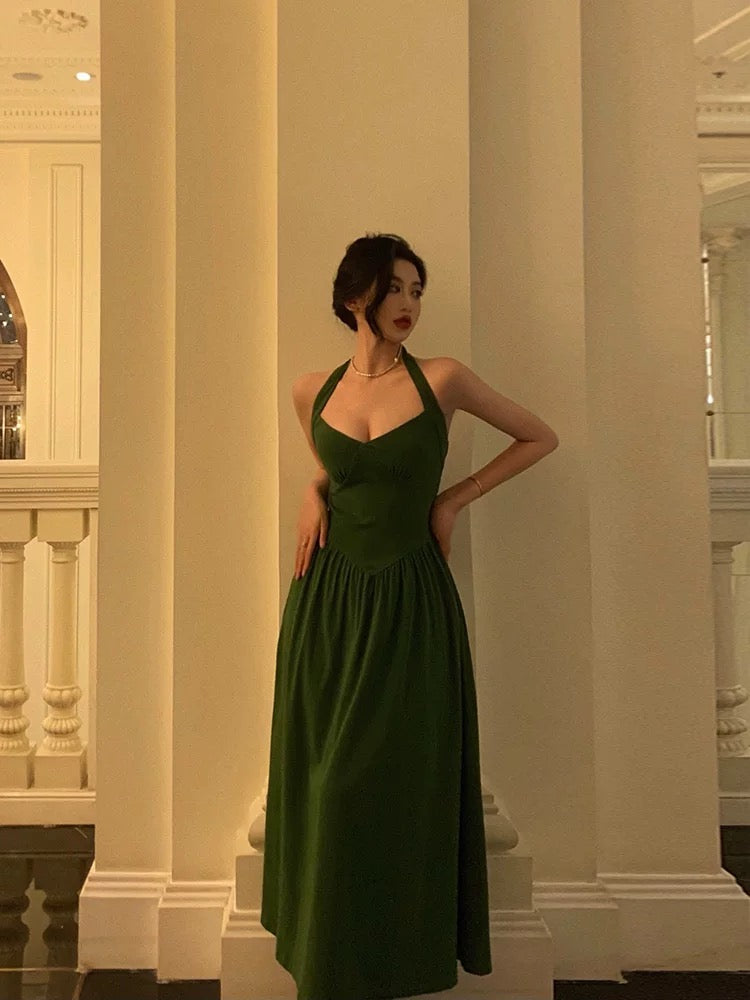 Classy A Line Halter Dark Green Prom Dresses Birthday Outfits Evening Gown SD903