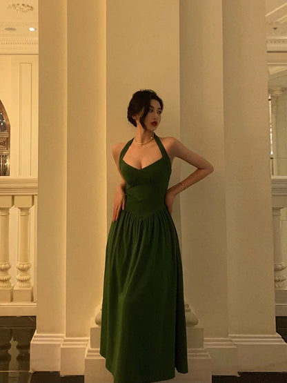 Classy A Line Halter Dark Green Prom Dresses Birthday Outfits Evening Gown SD903