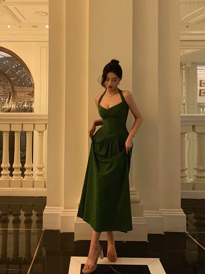 Classy A Line Halter Dark Green Prom Dresses Birthday Outfits Evening Gown SD903