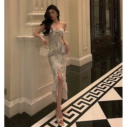 Classy Sheath Spaghetti Straps Chiffon Floral Prom Dresses Birthday Outfits Evening Gown SD912