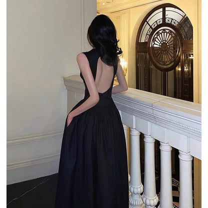 Simple A line Scoop Neckline Black Backless Prom Dresses Birthday Outfits Evening Gown SD913