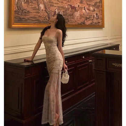 Classy Sheath Spaghetti Straps Floral Long Prom Dresses Birthday Outfits Evening Gown SD916