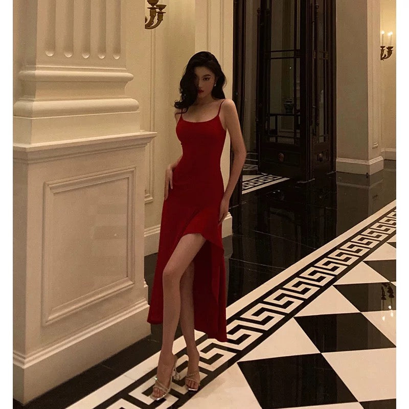 Simple High Low Spaghetti Straps Red Prom Dresses Birthday Outfits Evening Gown SD917