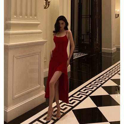 Simple High Low Spaghetti Straps Red Prom Dresses Birthday Outfits Evening Gown SD917