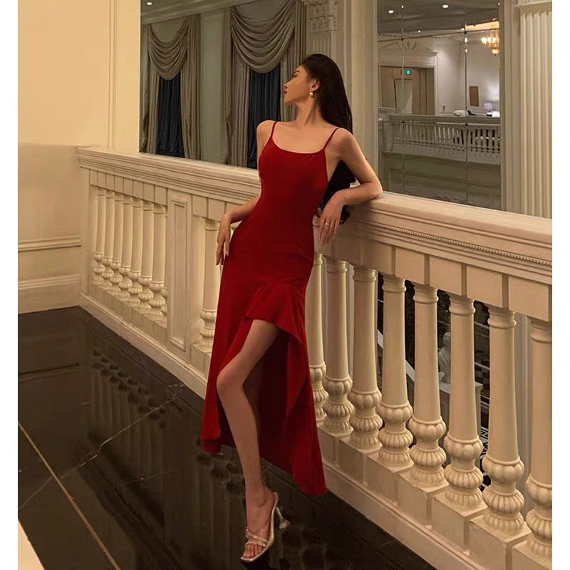 Simple High Low Spaghetti Straps Red Prom Dresses Birthday Outfits Evening Gown SD917