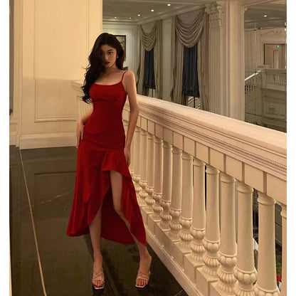 Simple High Low Spaghetti Straps Red Prom Dresses Birthday Outfits Evening Gown SD917