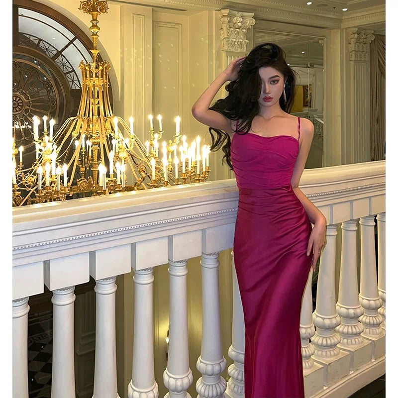 Sexy Sheath Spaghetti Straps Hot Pink Satin Prom Dresses Birthday Outfits Evening Gown SD918