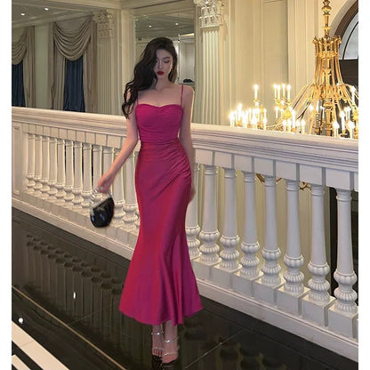 Sexy Sheath Spaghetti Straps Hot Pink Satin Prom Dresses Birthday Outfits Evening Gown SD918