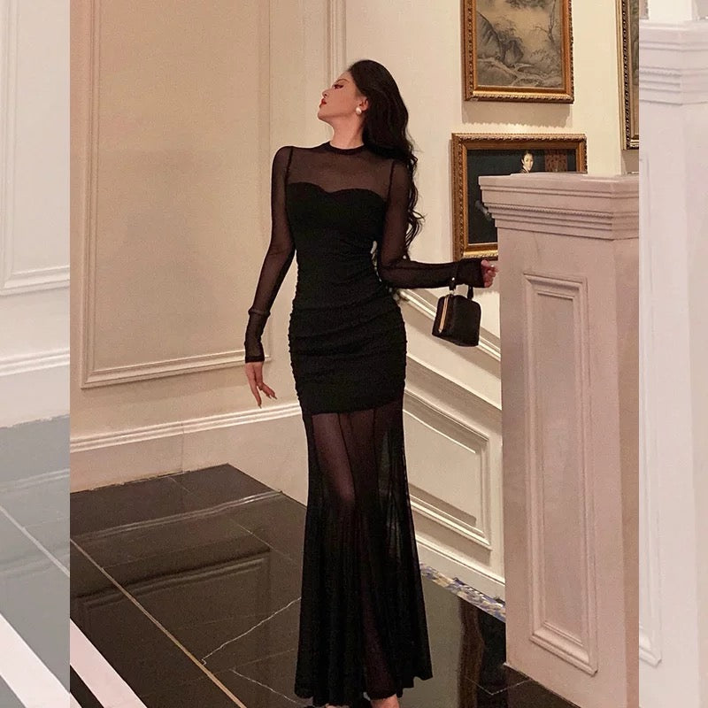 Sexy Sheath Scoop Long Sleeves Black Prom Dresses Birthday Outfits Evening Gown SD921