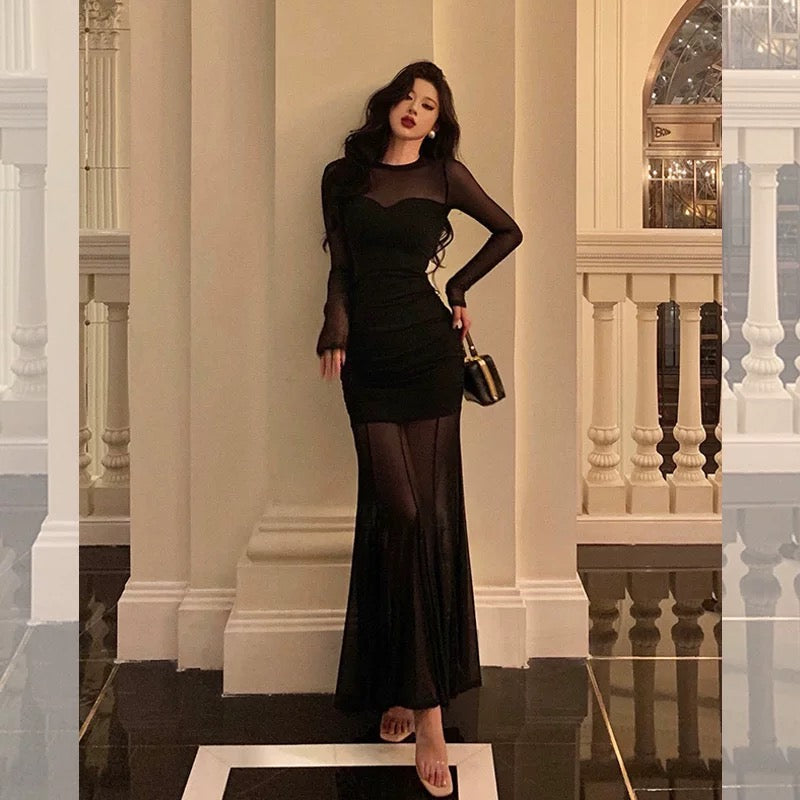 Sexy Sheath Scoop Long Sleeves Black Prom Dresses Birthday Outfits Evening Gown SD921