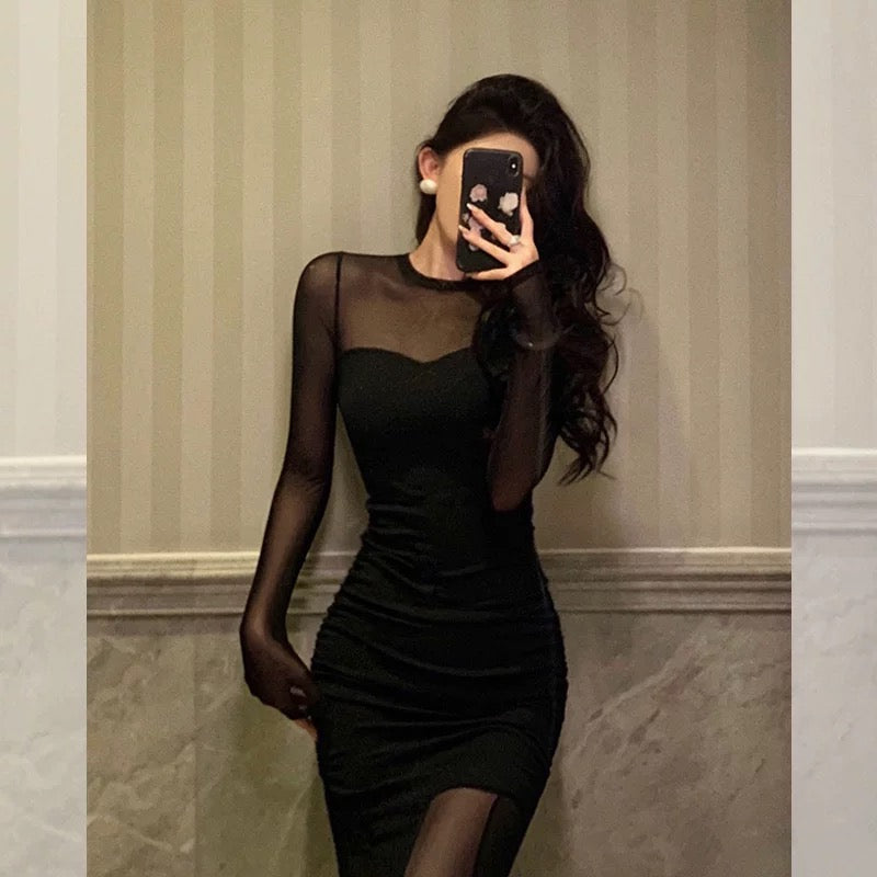 Sexy Sheath Scoop Long Sleeves Black Prom Dresses Birthday Outfits Evening Gown SD921