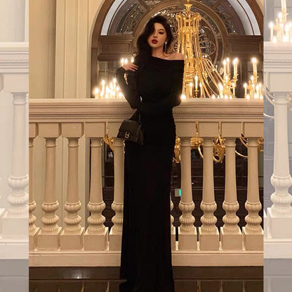 Sexy Sheath Long Sleeves Black Prom Dresses Birthday Outfits Evening Gown SD925