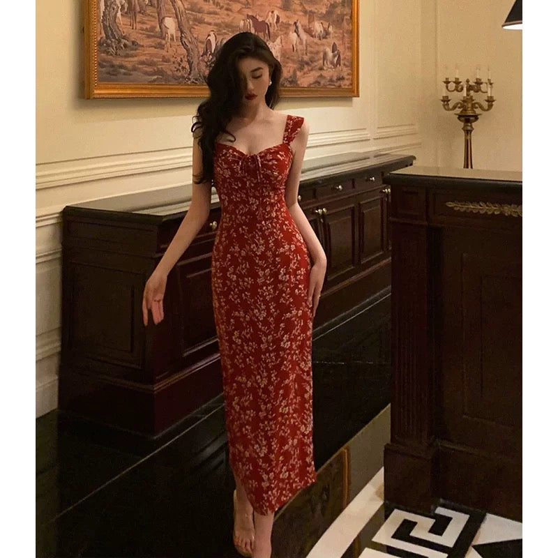 Elegant Sheath Spaghetti Straps Red Floral Prom Dresses Birthday Outfits Evening Gown SD940