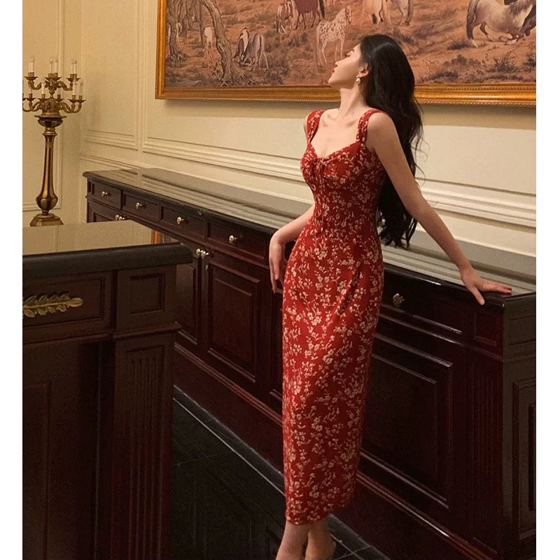 Elegant Sheath Spaghetti Straps Red Floral Prom Dresses Birthday Outfits Evening Gown SD940