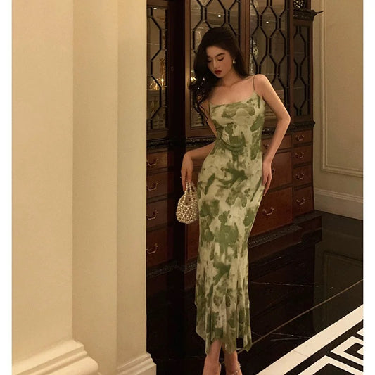 Elegant Sheath Spaghetti Straps Floral Green Prom Dresses Birthday Outfits Evening Gown SD943