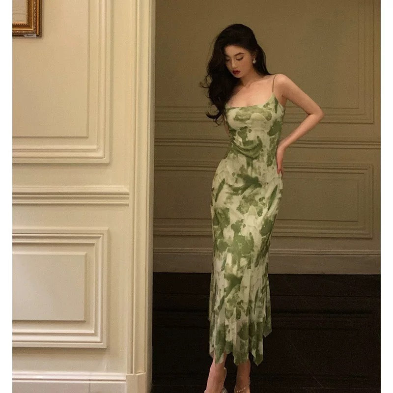 Elegant Sheath Spaghetti Straps Floral Green Prom Dresses Birthday Outfits Evening Gown SD943