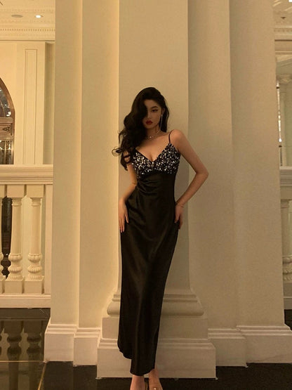 Elegant Sheath Spaghetti Straps Black Satin Prom Dresses Birthday Outfits Evening Gown SD947