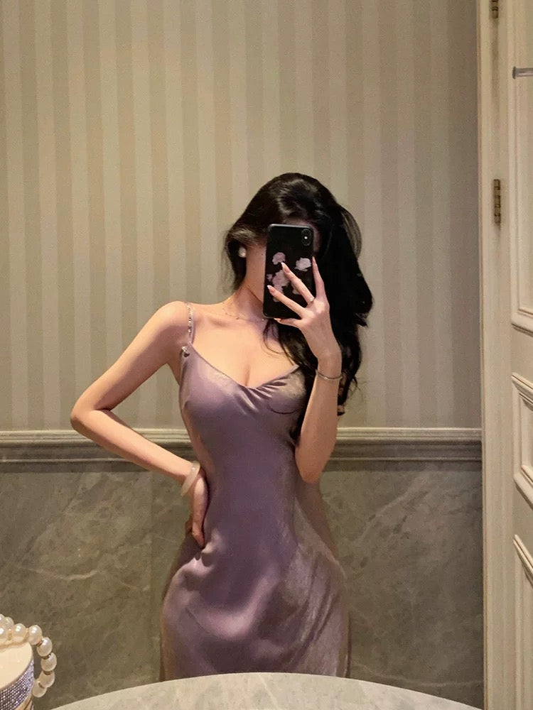 Elegant Sheath Spaghetti Straps Lilac Long Satin Prom Dresses Birthday Outfits Evening Gown SD950