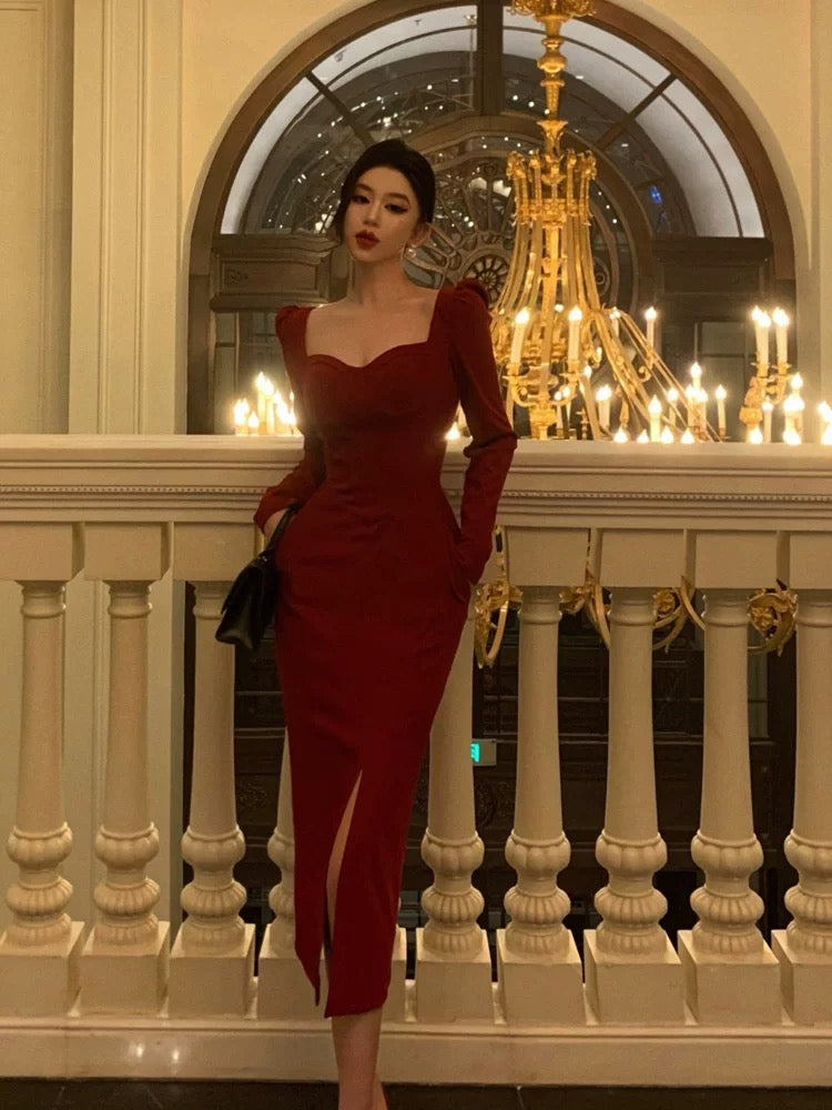 Elegant Sheath Strapless Red Slit Prom Dresses Beads Birthday Outfits ...