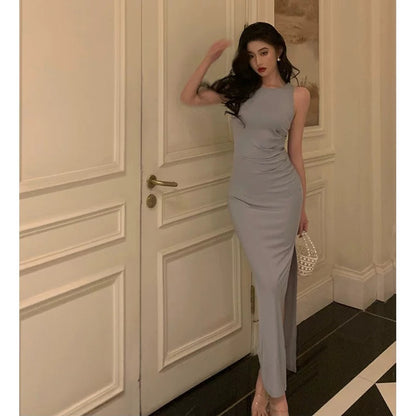 Elegant Sheath Scoop Neckline Dusty Blue Slit Prom Dresses Birthday Outfits Evening Gown SD955