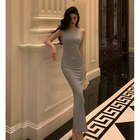 Elegant Sheath Scoop Neckline Dusty Blue Slit Prom Dresses Birthday Outfits Evening Gown SD955