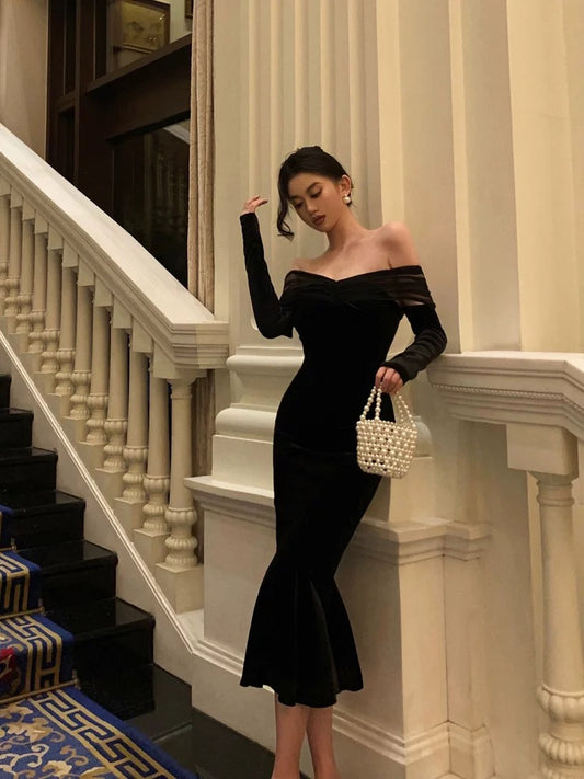 Elegant Mermaid Off The Shoulder Long Sleeves Black Prom Dresses Birthday Outfits Evening Gown SD963