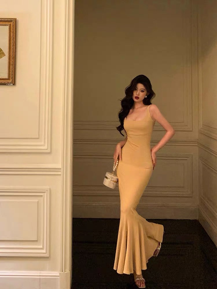 Elegant Mermaid Spaghetti Straps Yellow Long Prom Dresses Birthday Outfits Evening Gown SD965