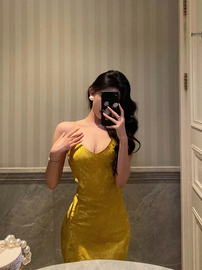 Sexy Sheath Spaghetti Straps Gold Prom Dresses Birthday Outfits Evening Gown SD969