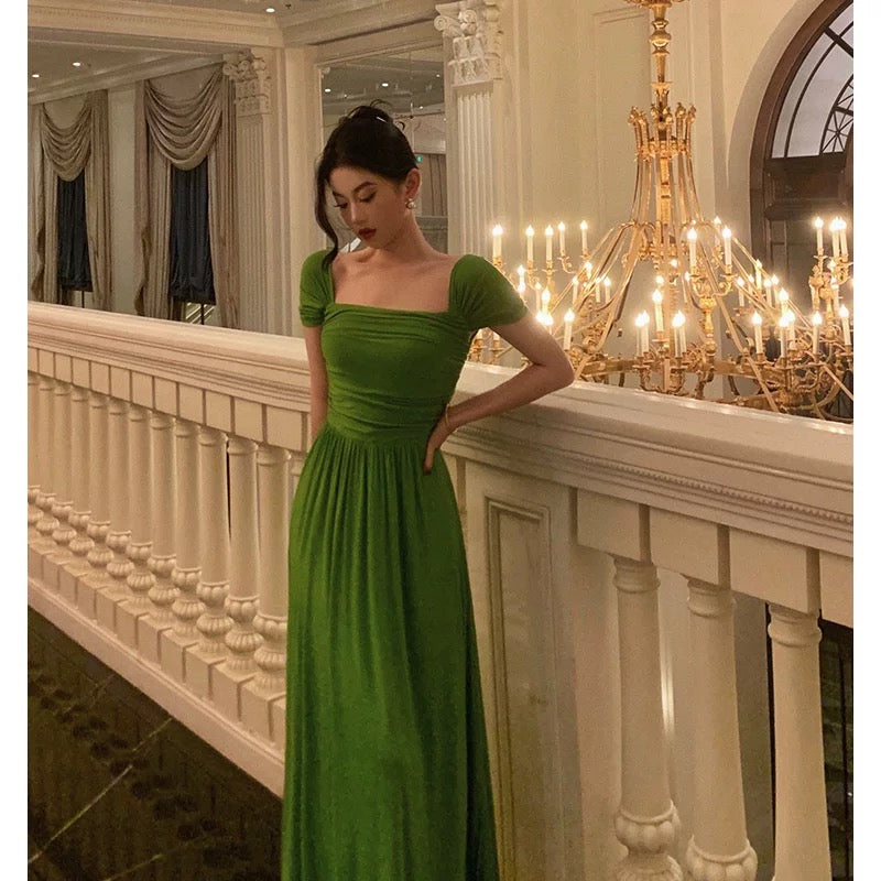 Elegant A Line Square Neckline Green Long Prom Dresses Birthday Outfits Evening Gown SD978