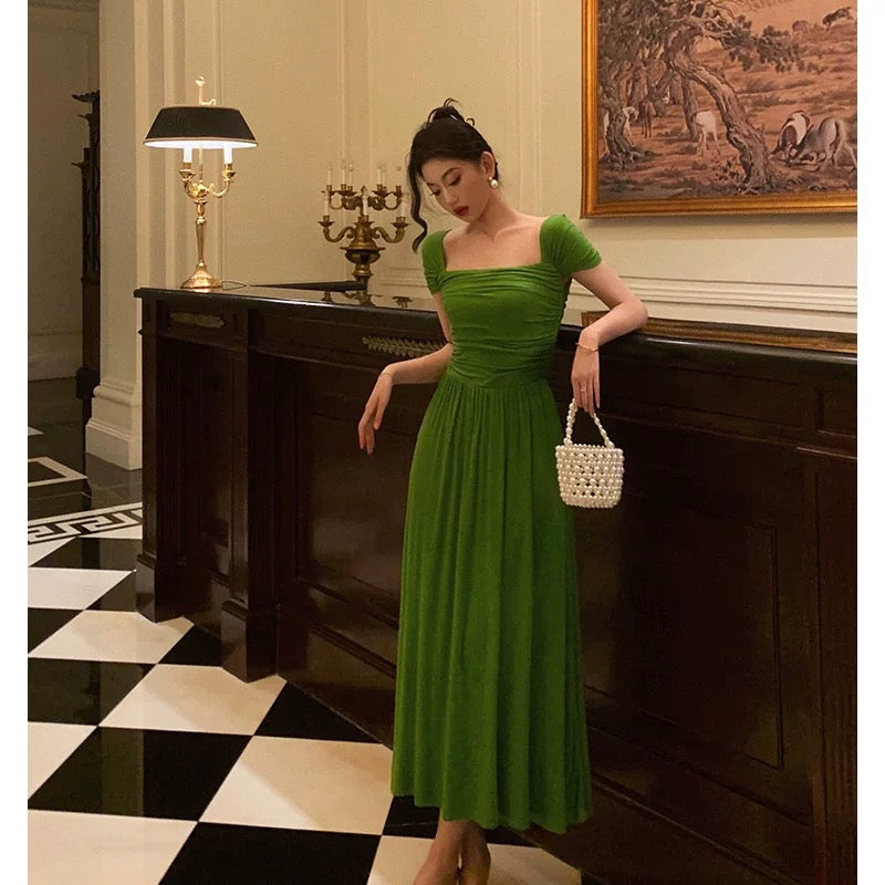 Elegant A Line Square Neckline Green Long Prom Dresses Birthday Outfits Evening Gown SD978