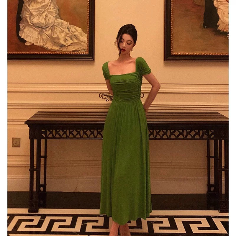 Elegant A Line Square Neckline Green Long Prom Dresses Birthday Outfits Evening Gown SD978