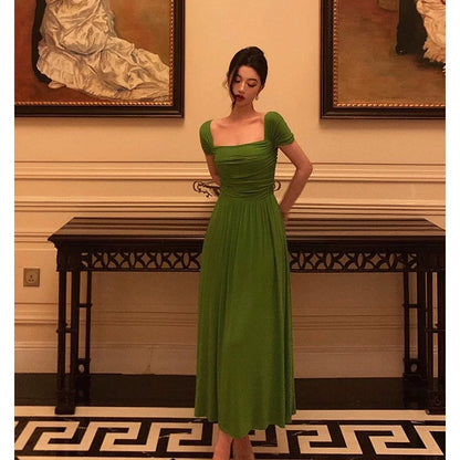 Elegant A Line Square Neckline Green Long Prom Dresses Birthday Outfits Evening Gown SD978