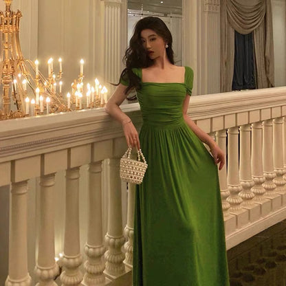 Elegant A Line Square Neckline Green Long Prom Dresses Birthday Outfits Evening Gown SD978