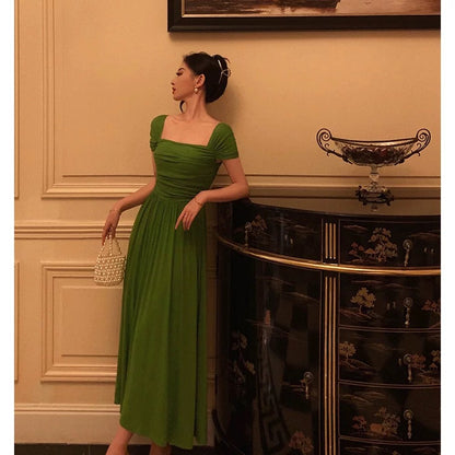 Elegant A Line Square Neckline Green Long Prom Dresses Birthday Outfits Evening Gown SD978