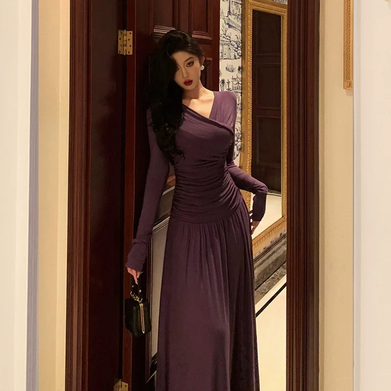 Elegant Sheath V Neckline Grape Long Prom Dresses Birthday Outfits Evening Gown SD980