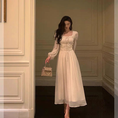 Elegant A line Square Neckline Long Sleeves White Chiffon Prom Dresses Birthday Outfits Evening Gown SD992