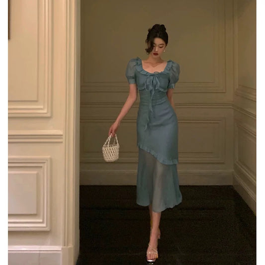 Elegant Mermaid Square Neckline Short Sleeves Blue Chiffon Prom Dresses Birthday Outfits Evening Gown SD993