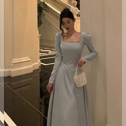 Sexy A Line Square Neckline Long Sleeves Prom Dresses Birthday Outfits Evening Gown SD995