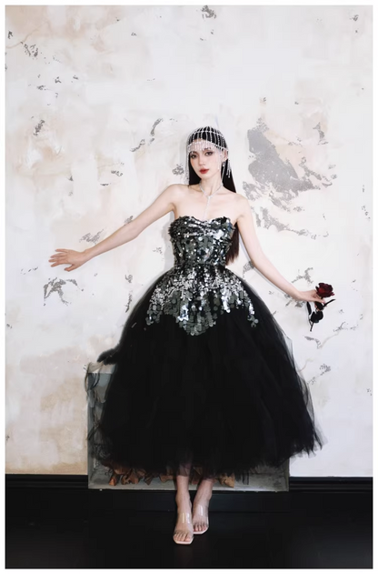Gorgeous Strapless Black Tulle Sequin A Line Long Evening Dress Birthday Dress D2414