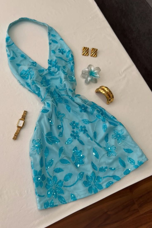 Sexy Halter Blue Sheath Sequin Short Cocktail Dress Formal 6th Grade Homecoming Dress D338