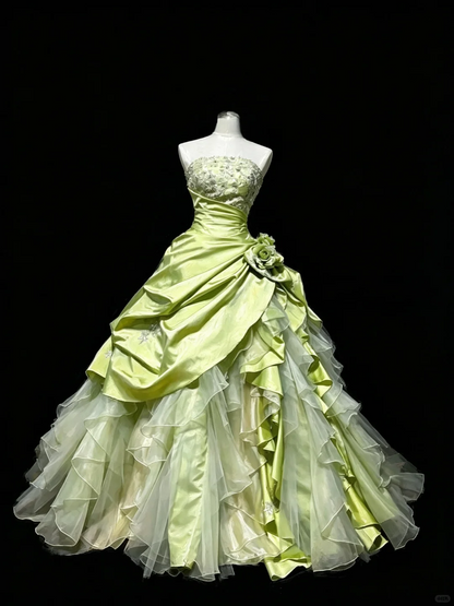 Retro Ball Gown Green Satin Tulle Beaded Quinceanera Dress D5278