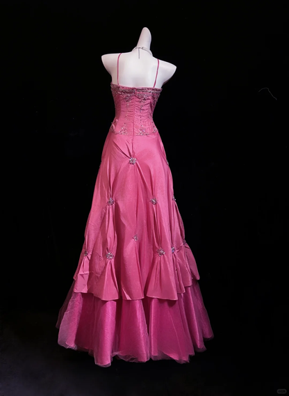 Gorgeous Halter Pink Satin Beaded A Line Long Party Dress Evening Dress D5077