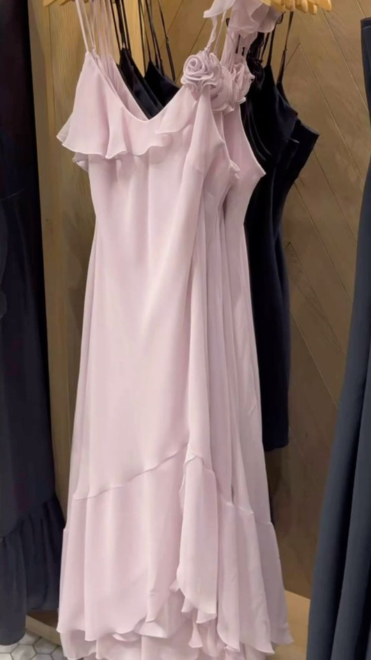Glamorous Spaghetti Strap Light Pink Chiffon Long Party Dress Evening Dress D3488
