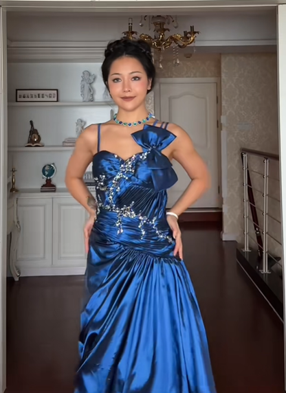 Elegant Spaghetti Straps Navy Blue Satin Pleated Beaded Long Party Dress Prom Gown D1159