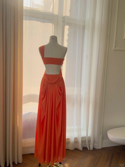 Sexy One Shoulder Orange Chiffon A Line Long Evening Dress Backless Prom Gown D2983