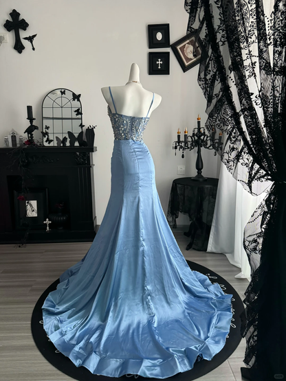 Elegant Spaghetti Straps Blue Satin Beaded Mermaid Evening Dress Long Party Gown D3703